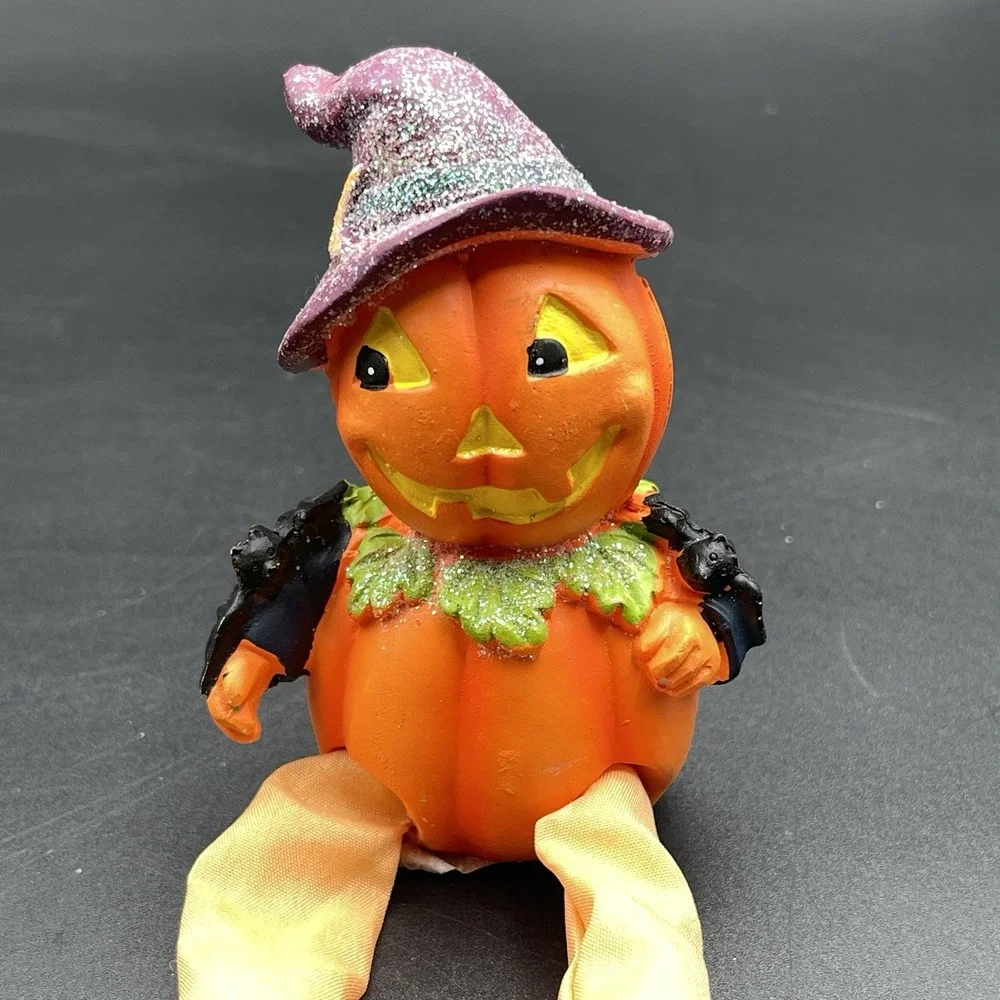 Set of 2 Halloween Jack O Lantern Shelf Sitters Pumpkin Scarecrow Witch Decor